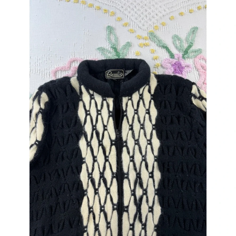 Vintage Rochelle California Black White Geometric Angora Wool Zip Cardigan Large
